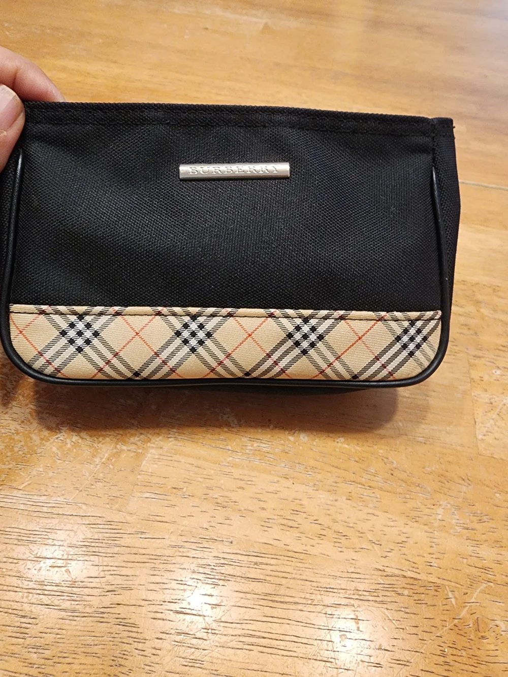 Burberry Black Nylon Pouch with Metal Logo Plaque and Beige Check Trim